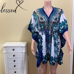 👙Swim Cover Up. V Neck Blue, Cream, Gold, Turquoise Green & Black.